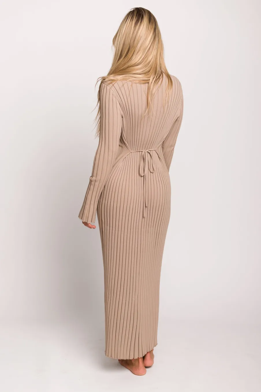 Clearance Worth Collective Colette Premium Long Sleeved Ribbed Knit Maxi Dress in Dark Natural -