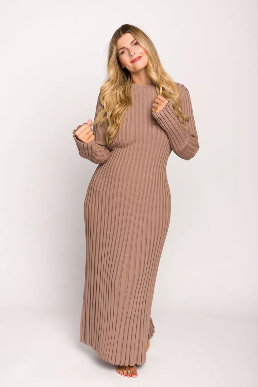 Clearance Worth Collective Colette Premium Long Sleeved Ribbed Knit Maxi Dress in Dark Natural -