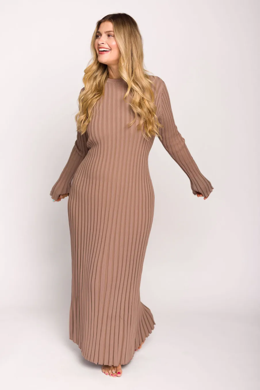 Clearance Worth Collective Colette Premium Long Sleeved Ribbed Knit Maxi Dress in Dark Natural -