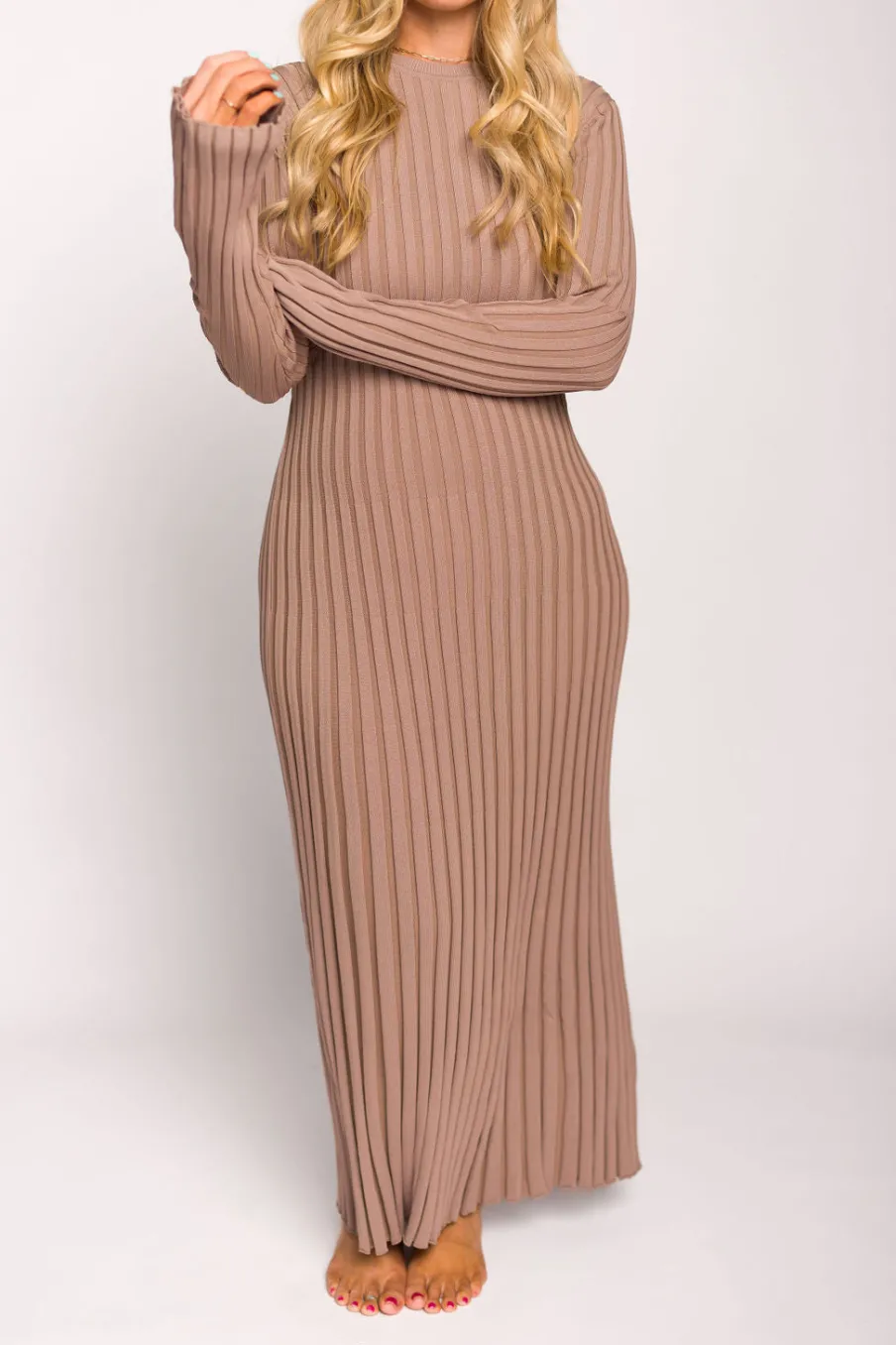 Clearance Worth Collective Colette Premium Long Sleeved Ribbed Knit Maxi Dress in Dark Natural -
