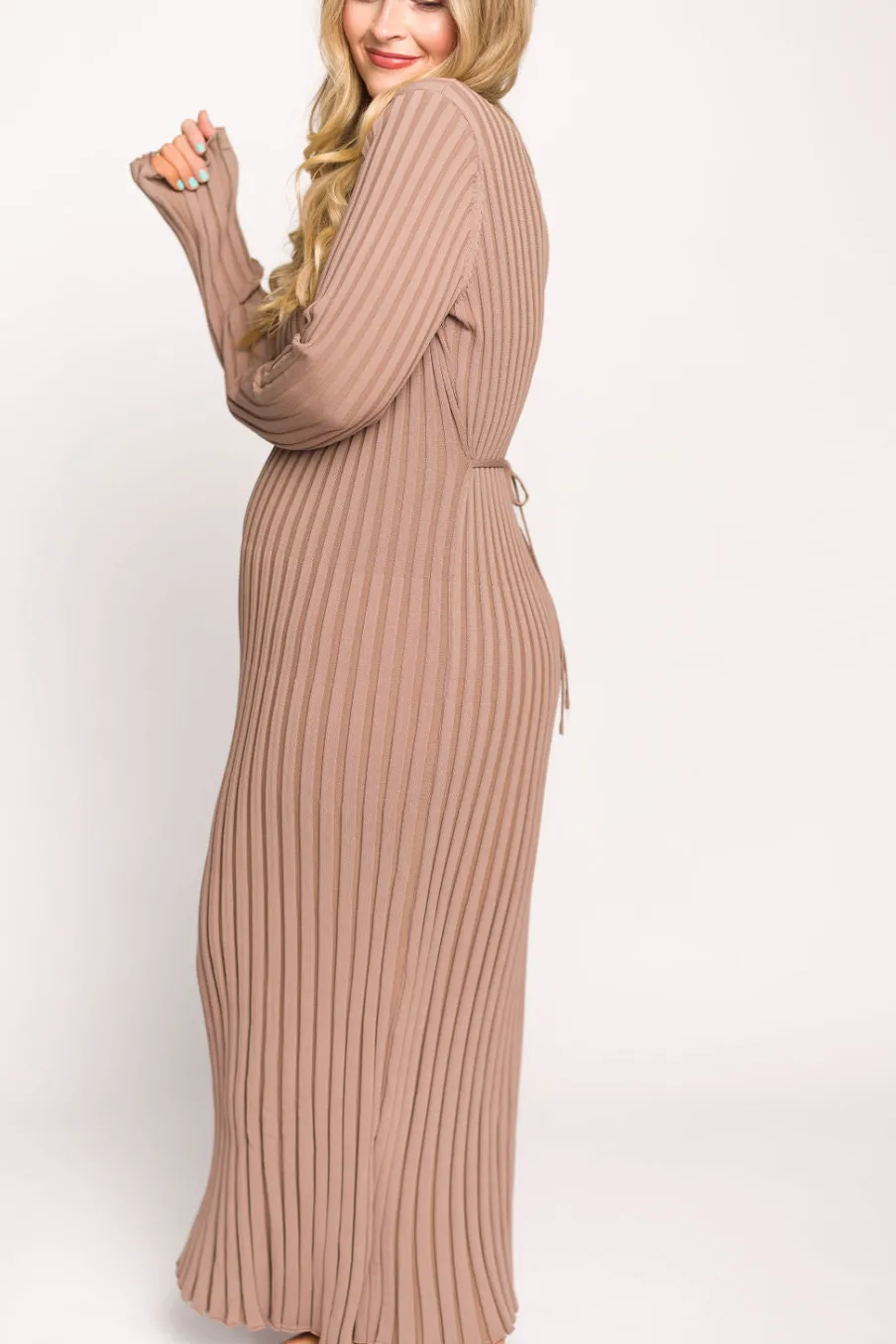 Clearance Worth Collective Colette Premium Long Sleeved Ribbed Knit Maxi Dress in Dark Natural -