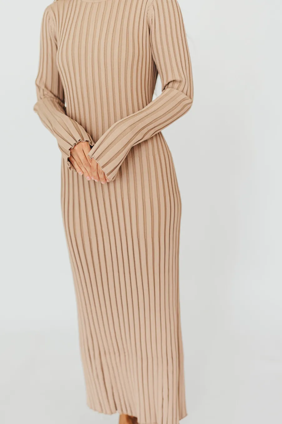 Clearance Worth Collective Colette Premium Long Sleeved Ribbed Knit Maxi Dress in Dark Natural -