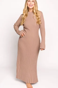 Clearance Worth Collective Colette Premium Long Sleeved Ribbed Knit Maxi Dress in Dark Natural -