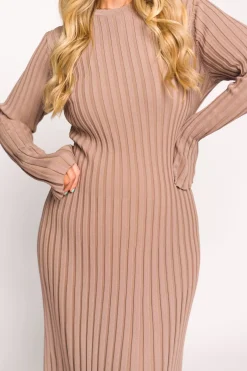 Clearance Worth Collective Colette Premium Long Sleeved Ribbed Knit Maxi Dress in Dark Natural -