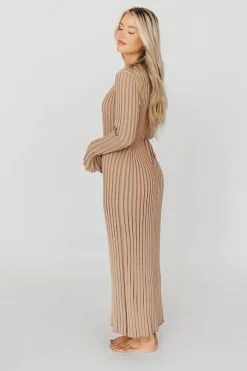 Clearance Worth Collective Colette Premium Long Sleeved Ribbed Knit Maxi Dress in Dark Natural -