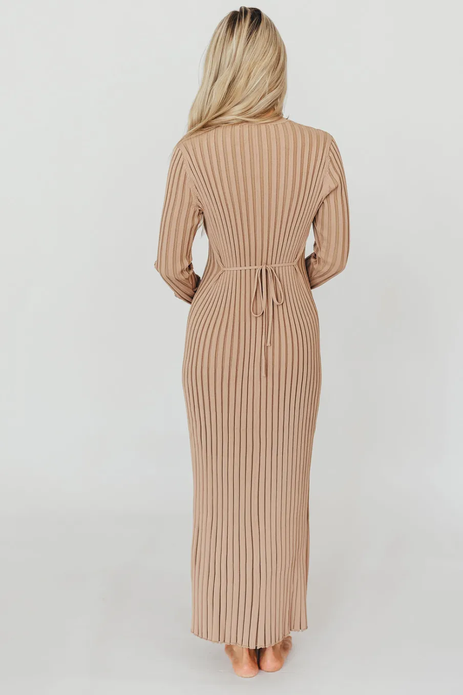 Clearance Worth Collective Colette Premium Long Sleeved Ribbed Knit Maxi Dress in Dark Natural -