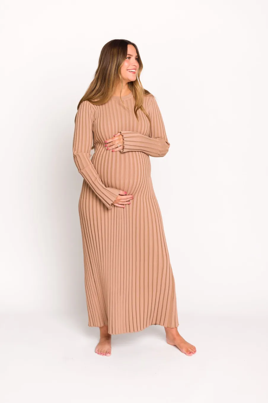 Clearance Worth Collective Colette Premium Long Sleeved Ribbed Knit Maxi Dress in Dark Natural -