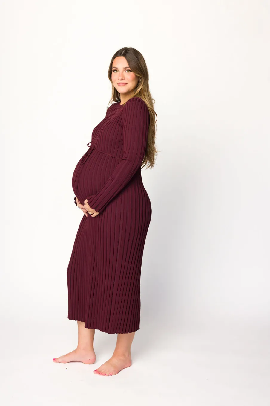 Outlet Worth Collective Colette Premium Long Sleeved Ribbed Knit Maxi Dress in Burgundy - Bump