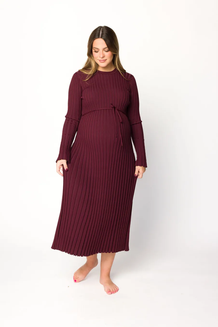 Outlet Worth Collective Colette Premium Long Sleeved Ribbed Knit Maxi Dress in Burgundy - Bump
