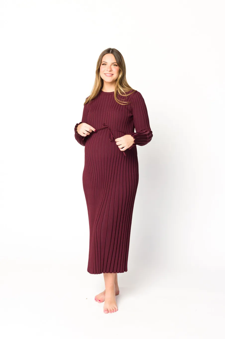 Outlet Worth Collective Colette Premium Long Sleeved Ribbed Knit Maxi Dress in Burgundy - Bump