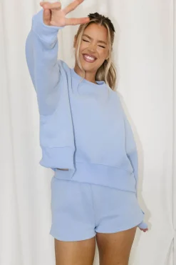 Hot Worth Collective Comfy Cozy High Waisted Sweat Shorts in Baby Blue