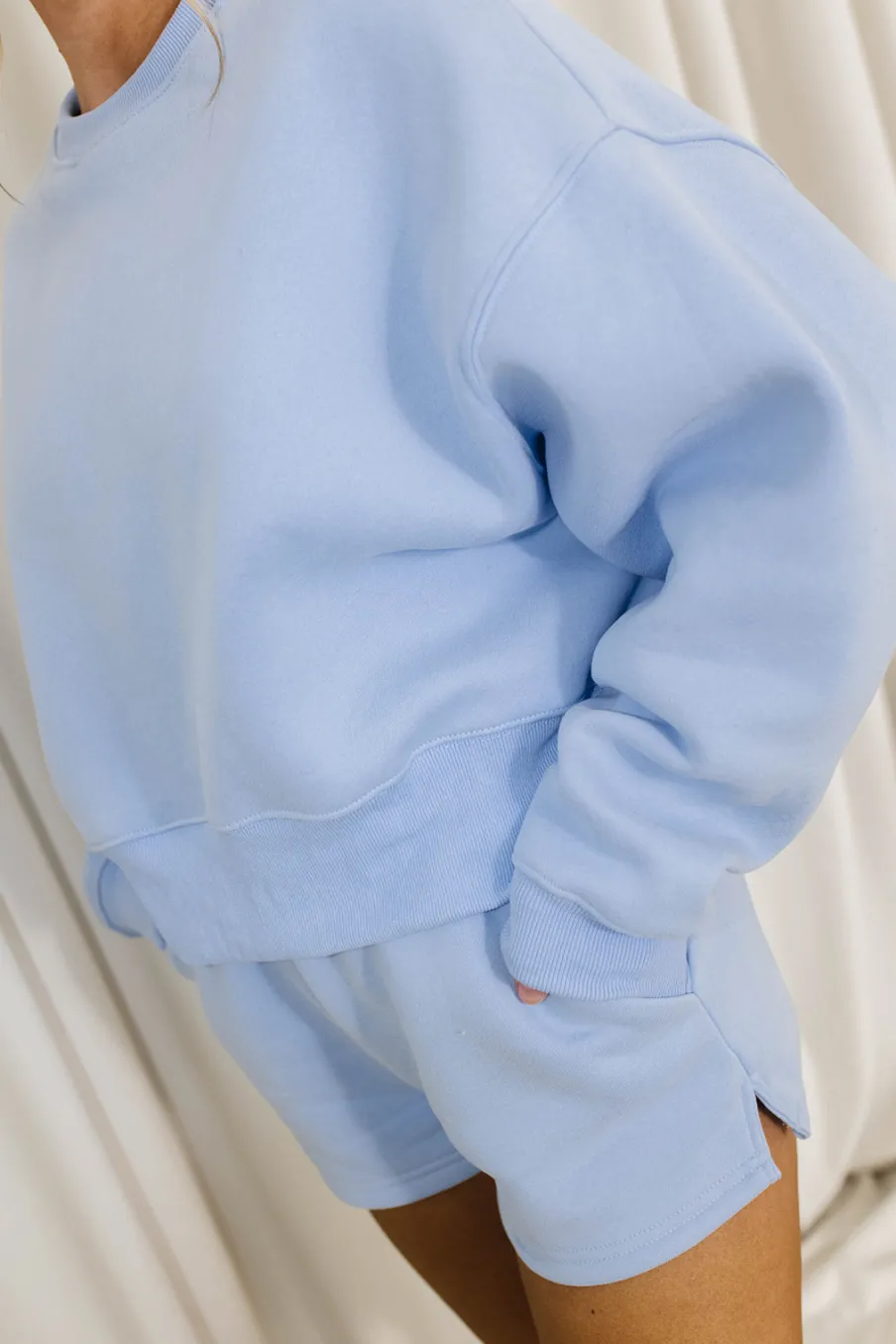Hot Worth Collective Comfy Cozy High Waisted Sweat Shorts in Baby Blue