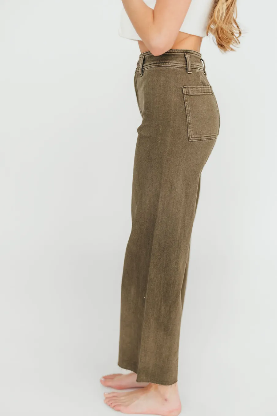 Clearance Worth Collective Corin Straight Wide Leg Denim Pants in Faded Olive