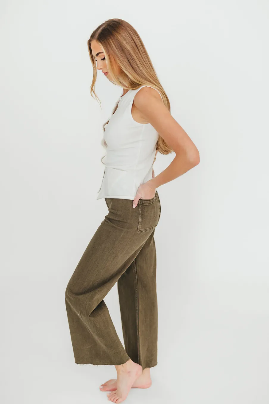 Clearance Worth Collective Corin Straight Wide Leg Denim Pants in Faded Olive