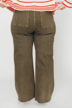 Clearance Worth Collective Corin Straight Wide Leg Denim Pants in Faded Olive