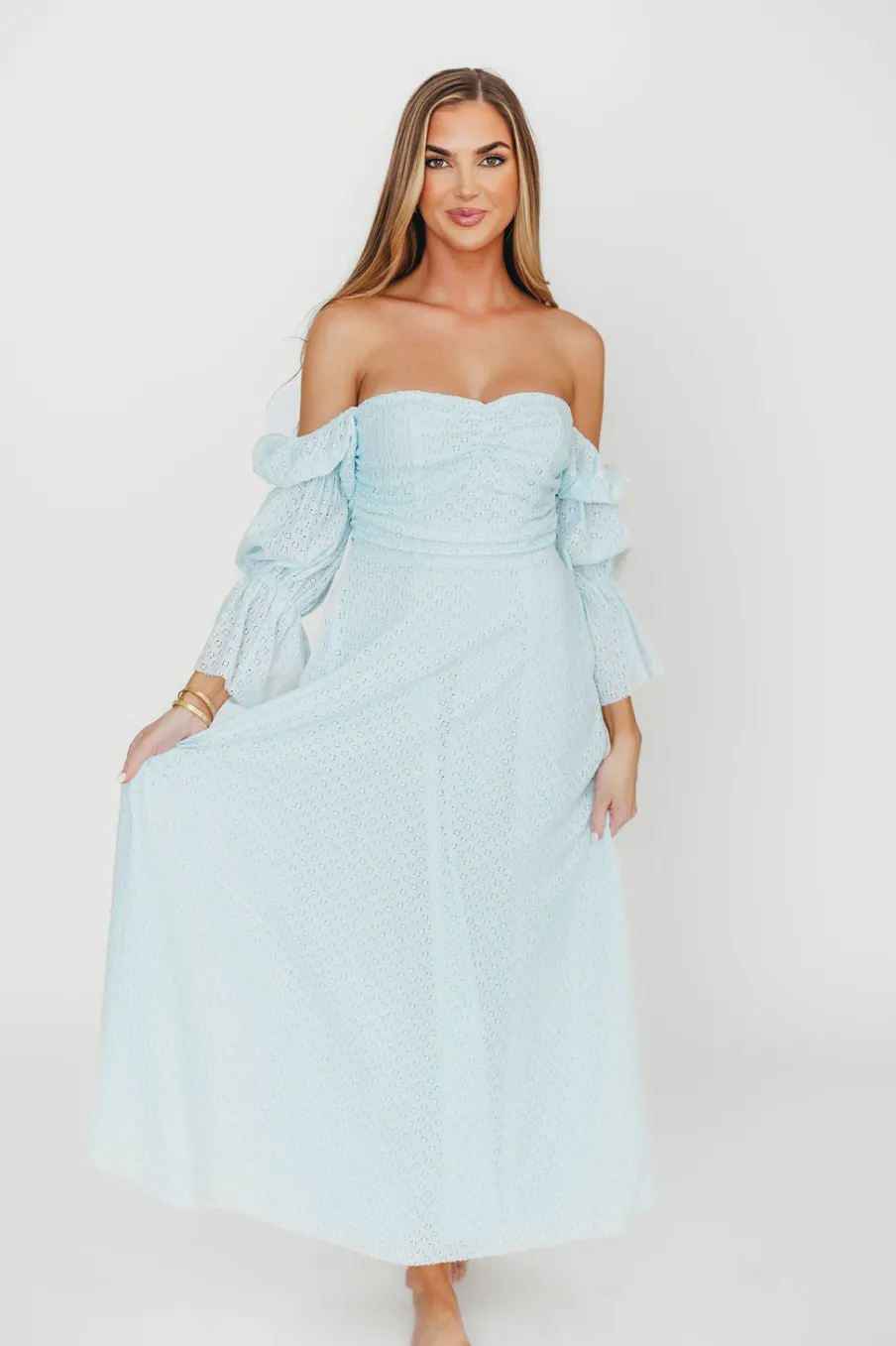 New Worth Collective Corrine Tiered Sleeve Maxi Dress with Pockets in Baby Blue - Bump Frie