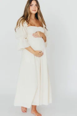 Outlet Worth Collective Corrine Tiered Sleeve Maxi Dress with Pockets in Ivory Cream - Bump Fr