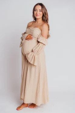Hot Worth Collective Corrine Tiered Sleeve Maxi Dress with Pockets in Beige - Bump Friendly