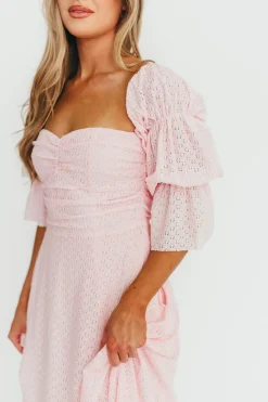 New Worth Collective Corrine Tiered Sleeve Maxi Dress with Pockets in Baby Pink - Bump Frie