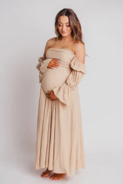 Hot Worth Collective Corrine Tiered Sleeve Maxi Dress with Pockets in Beige - Bump Friendly