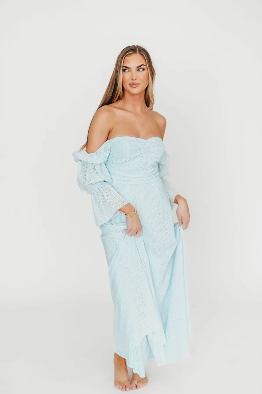 New Worth Collective Corrine Tiered Sleeve Maxi Dress with Pockets in Baby Blue - Bump Frie