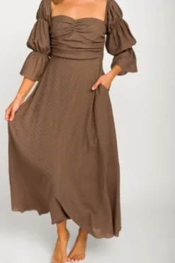 Fashion Worth Collective Corrine Tiered Sleeve Maxi Dress with Pockets in Deep Mocha - Bump Fri