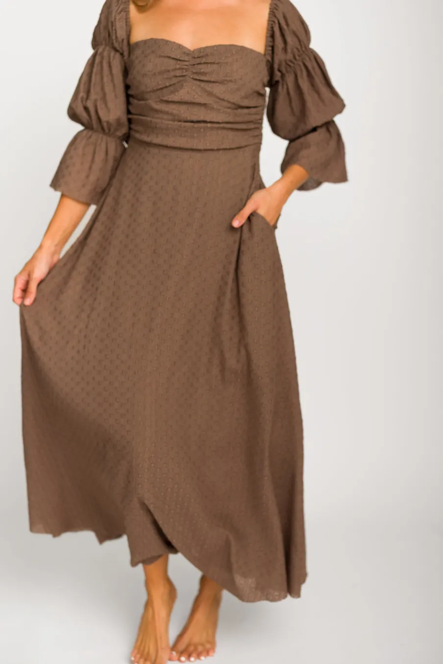 Fashion Worth Collective Corrine Tiered Sleeve Maxi Dress with Pockets in Deep Mocha - Bump Fri