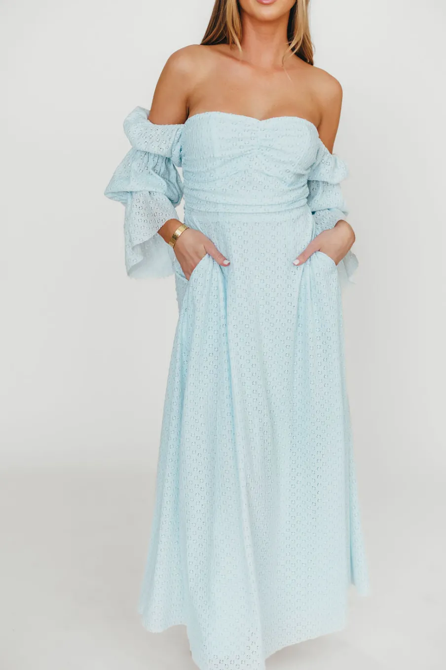 New Worth Collective Corrine Tiered Sleeve Maxi Dress with Pockets in Baby Blue - Bump Frie