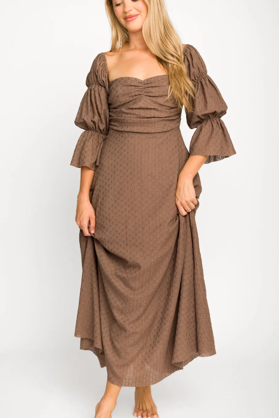 Fashion Worth Collective Corrine Tiered Sleeve Maxi Dress with Pockets in Deep Mocha - Bump Fri