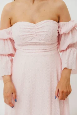 New Worth Collective Corrine Tiered Sleeve Maxi Dress with Pockets in Baby Pink - Bump Frie