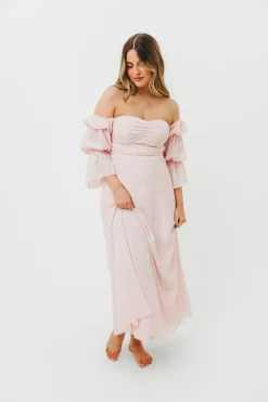 New Worth Collective Corrine Tiered Sleeve Maxi Dress with Pockets in Baby Pink - Bump Frie