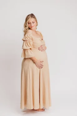 Hot Worth Collective Corrine Tiered Sleeve Maxi Dress with Pockets in Beige - Bump Friendly