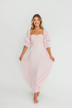 New Worth Collective Corrine Tiered Sleeve Maxi Dress with Pockets in Baby Pink - Bump Frie