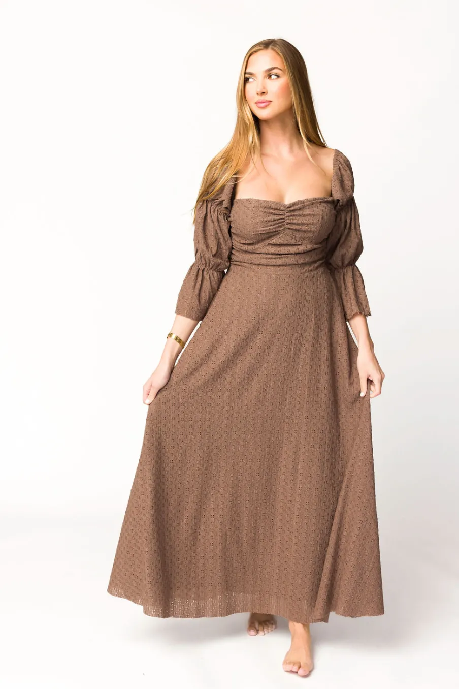 Fashion Worth Collective Corrine Tiered Sleeve Maxi Dress with Pockets in Deep Mocha - Bump Fri