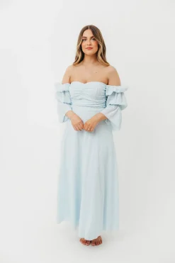 New Worth Collective Corrine Tiered Sleeve Maxi Dress with Pockets in Baby Blue - Bump Frie