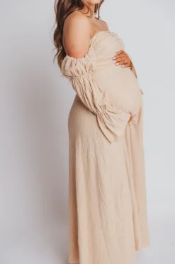 Hot Worth Collective Corrine Tiered Sleeve Maxi Dress with Pockets in Beige - Bump Friendly