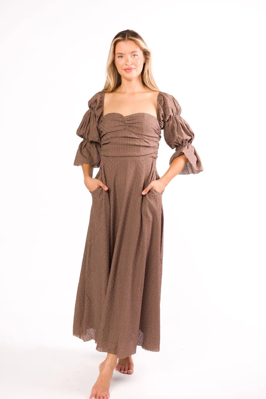 Fashion Worth Collective Corrine Tiered Sleeve Maxi Dress with Pockets in Deep Mocha - Bump Fri