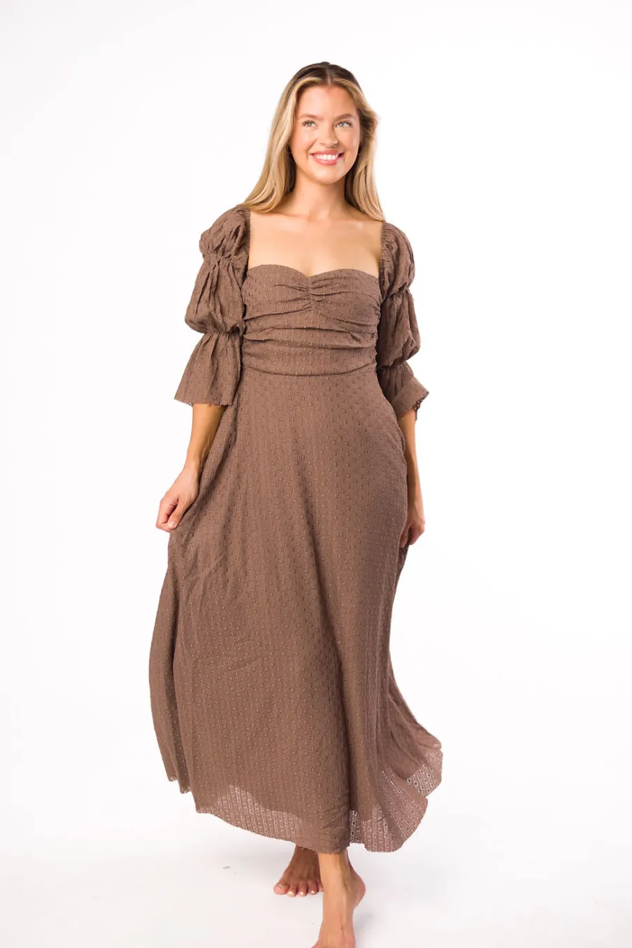 Fashion Worth Collective Corrine Tiered Sleeve Maxi Dress with Pockets in Deep Mocha - Bump Fri