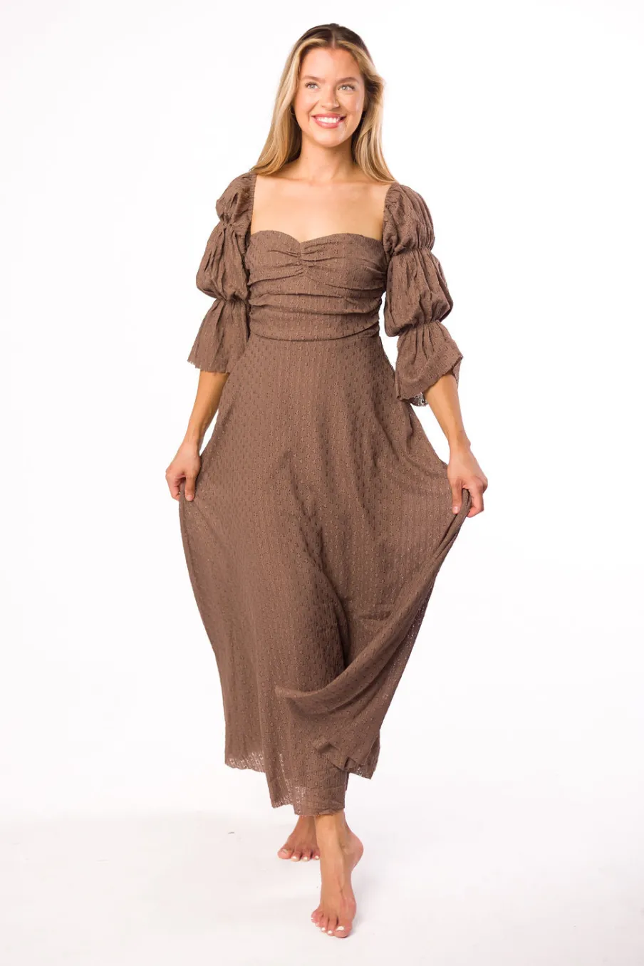 Fashion Worth Collective Corrine Tiered Sleeve Maxi Dress with Pockets in Deep Mocha - Bump Fri