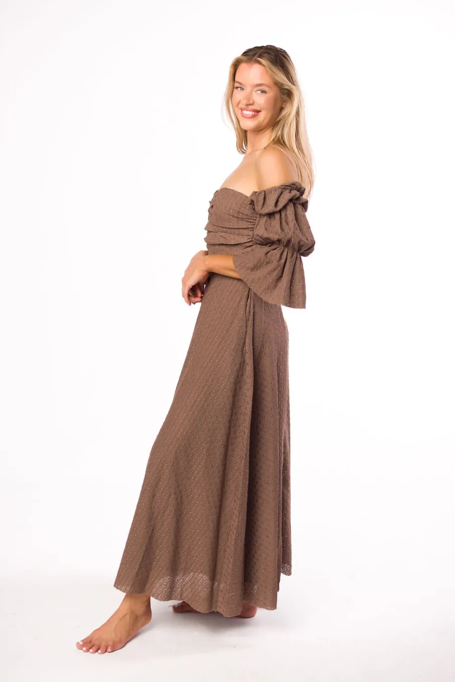Fashion Worth Collective Corrine Tiered Sleeve Maxi Dress with Pockets in Deep Mocha - Bump Fri