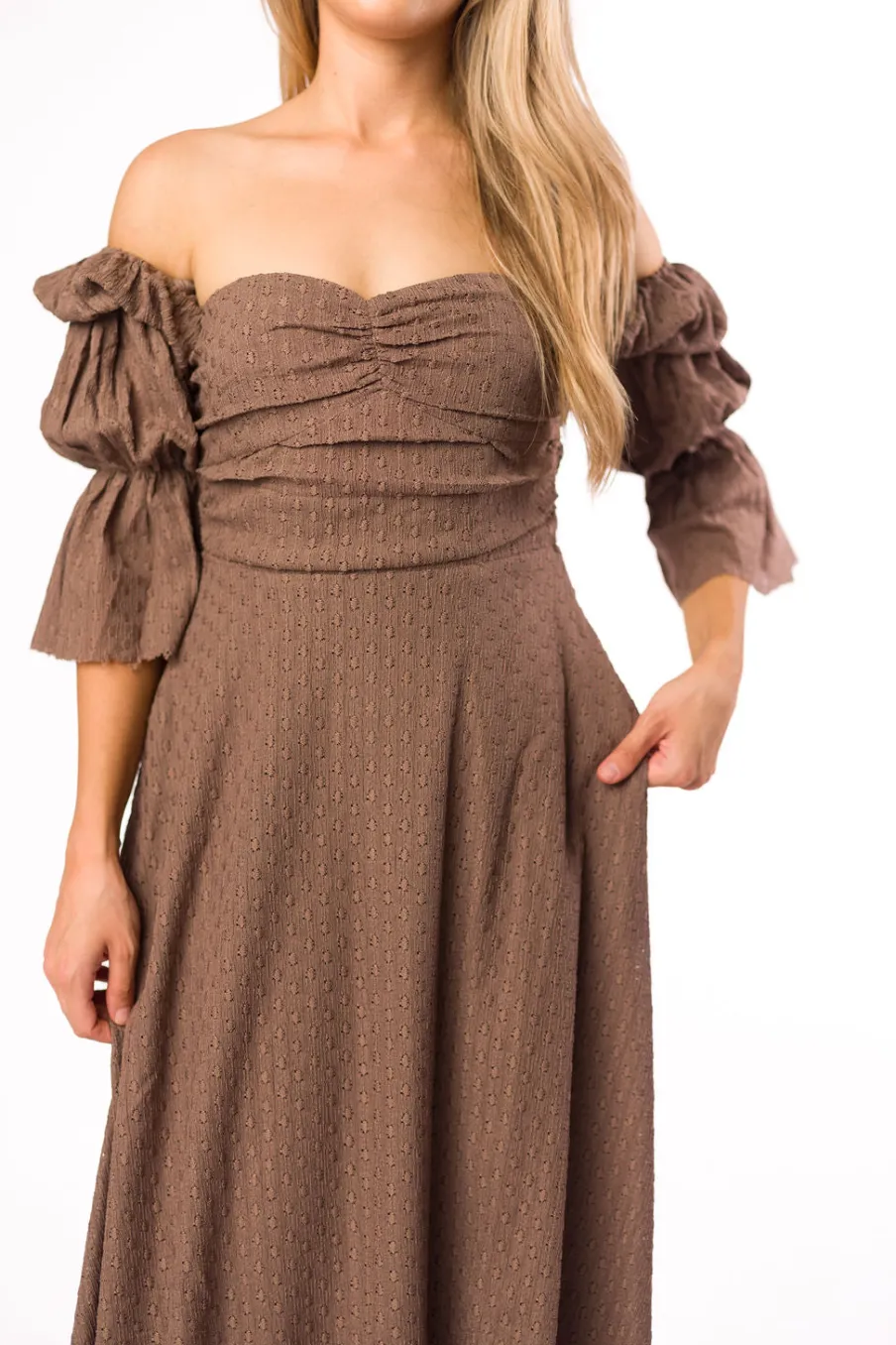 Fashion Worth Collective Corrine Tiered Sleeve Maxi Dress with Pockets in Deep Mocha - Bump Fri