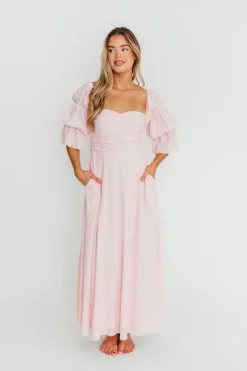 New Worth Collective Corrine Tiered Sleeve Maxi Dress with Pockets in Baby Pink - Bump Frie