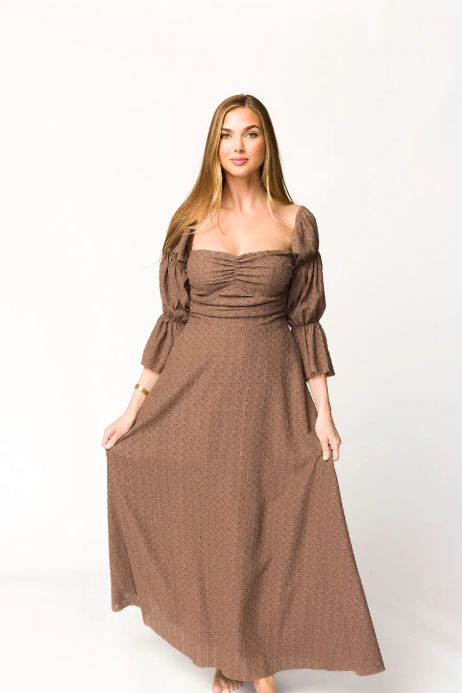 Fashion Worth Collective Corrine Tiered Sleeve Maxi Dress with Pockets in Deep Mocha - Bump Fri