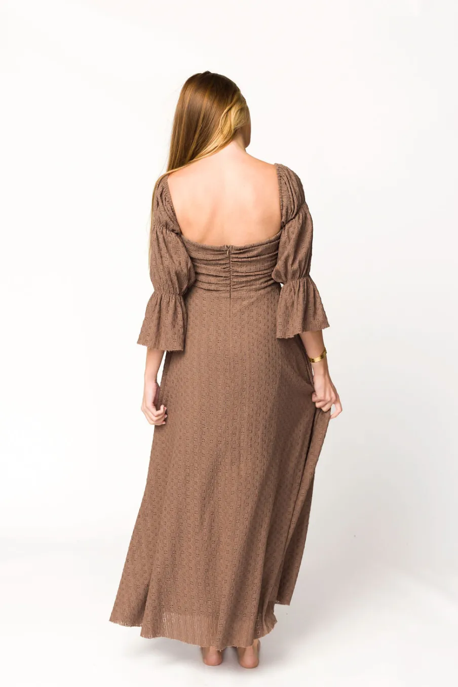 Fashion Worth Collective Corrine Tiered Sleeve Maxi Dress with Pockets in Deep Mocha - Bump Fri