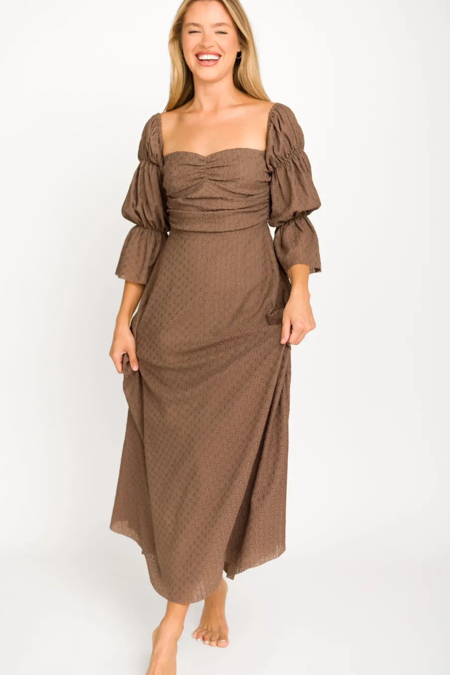 Fashion Worth Collective Corrine Tiered Sleeve Maxi Dress with Pockets in Deep Mocha - Bump Fri