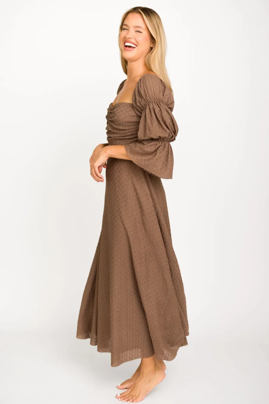 Fashion Worth Collective Corrine Tiered Sleeve Maxi Dress with Pockets in Deep Mocha - Bump Fri