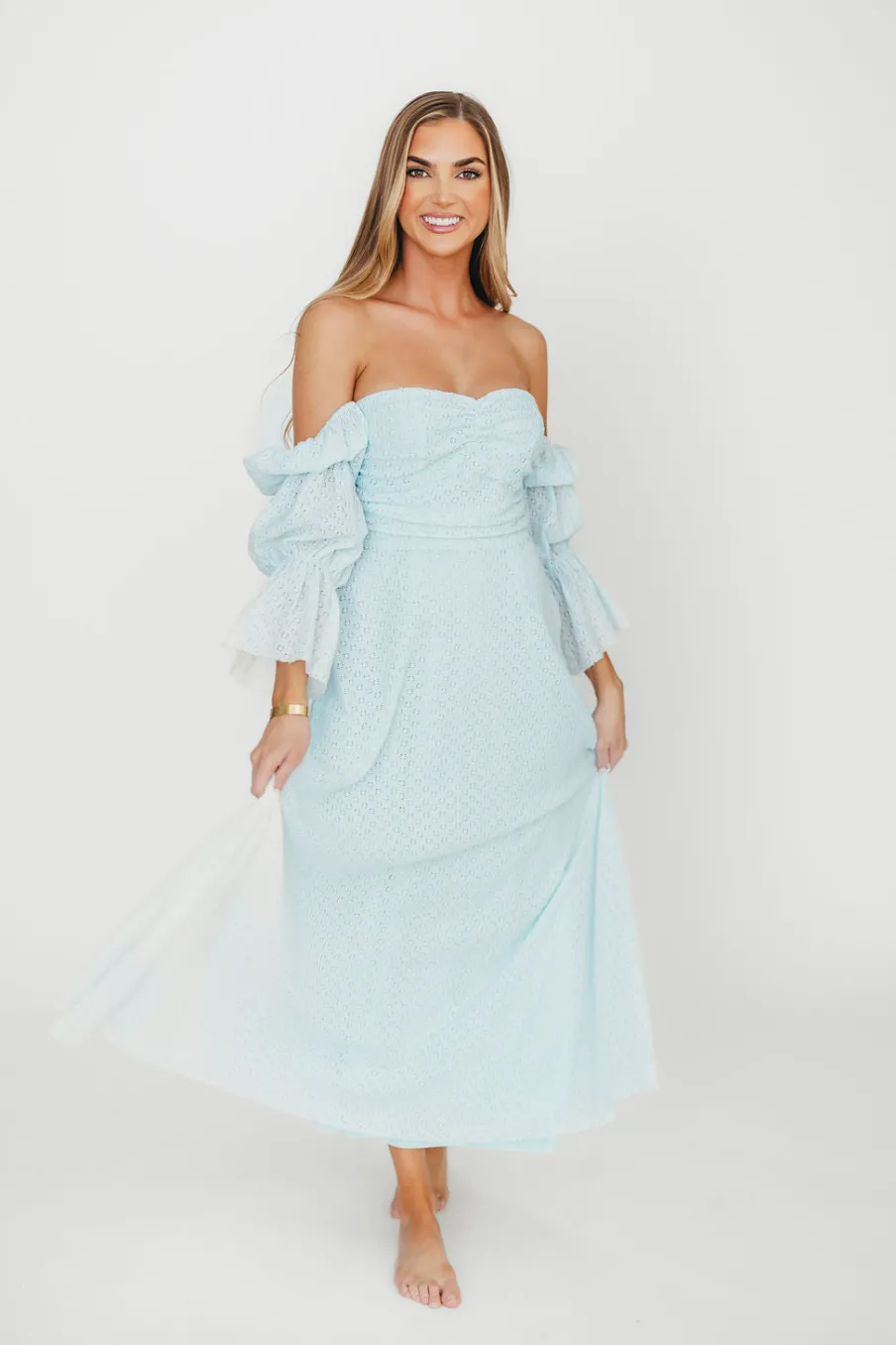 New Worth Collective Corrine Tiered Sleeve Maxi Dress with Pockets in Baby Blue - Bump Frie