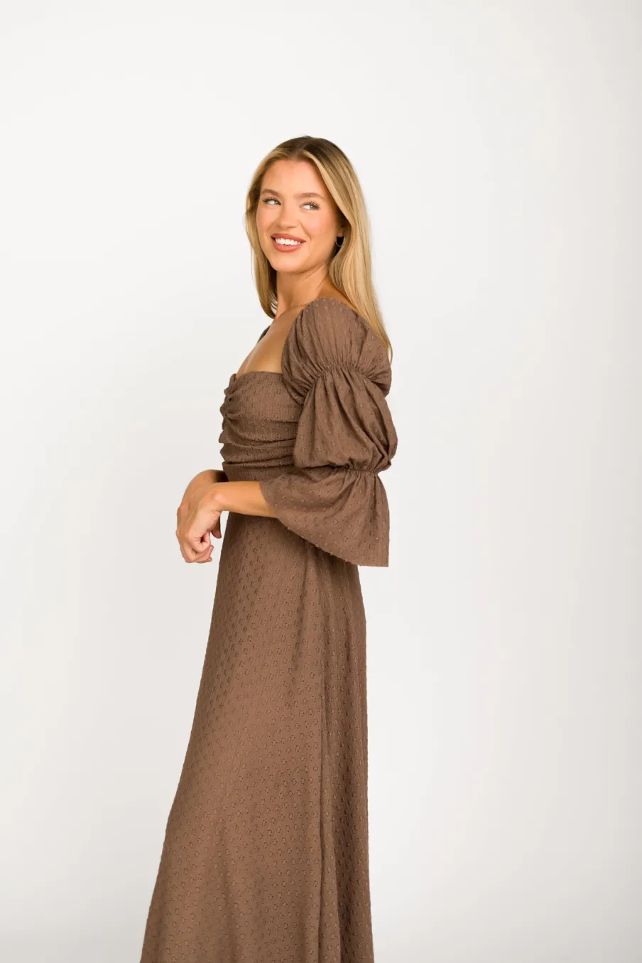 Fashion Worth Collective Corrine Tiered Sleeve Maxi Dress with Pockets in Deep Mocha - Bump Fri