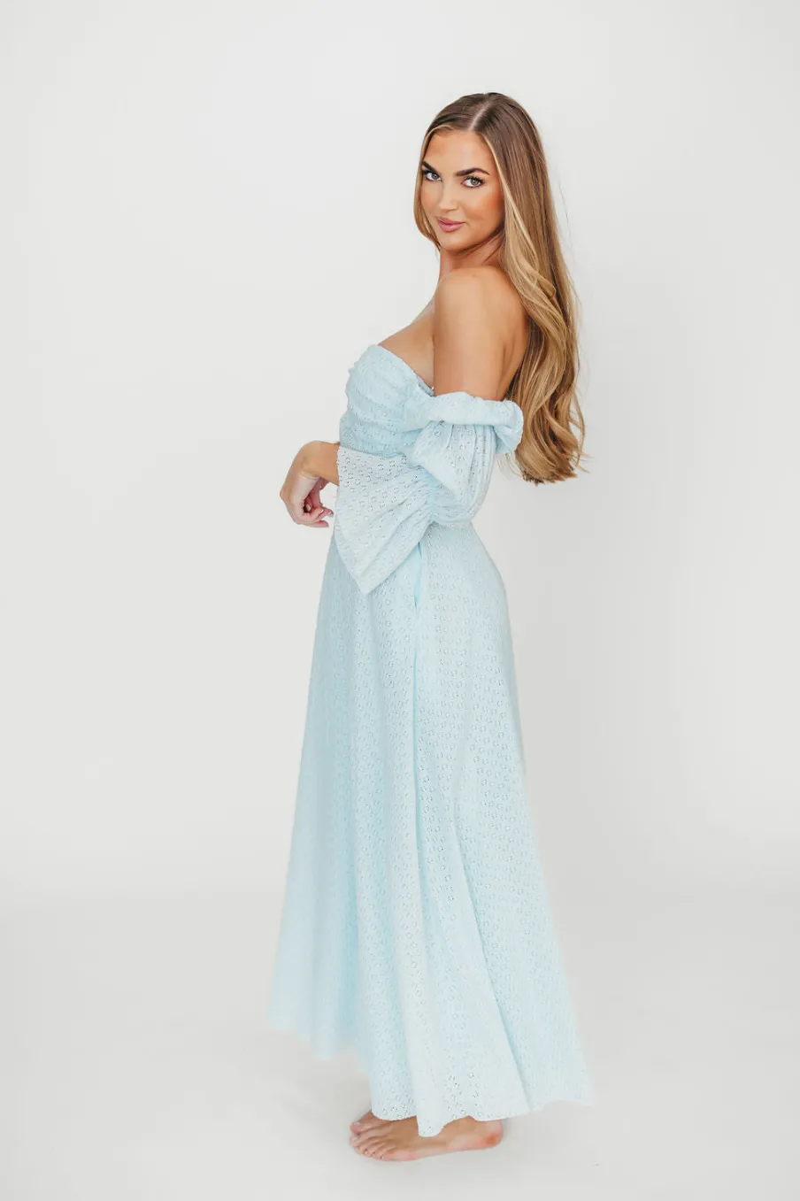 New Worth Collective Corrine Tiered Sleeve Maxi Dress with Pockets in Baby Blue - Bump Frie