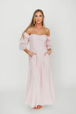 New Worth Collective Corrine Tiered Sleeve Maxi Dress with Pockets in Baby Pink - Bump Frie